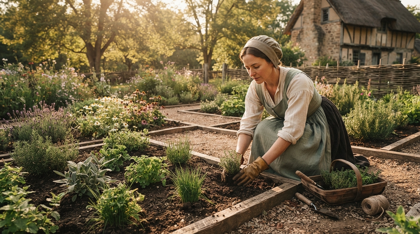 Editorial illustration for Designing a Colonial American Herb Garden: The Quadrant Layout and Purpose-Driven Planting