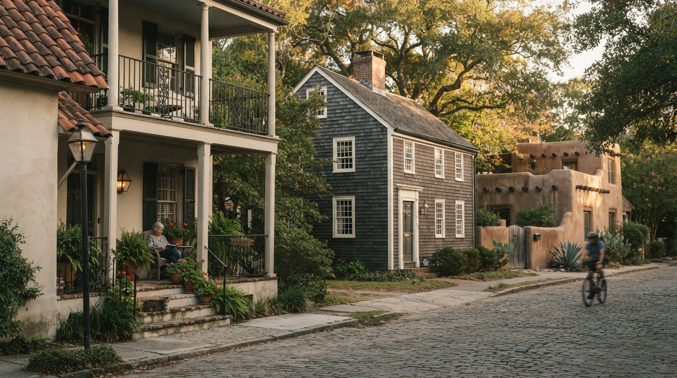 Collage of distinct US regional architectural styles including Charleston single house, New England colonial, and Southwestern adobe.