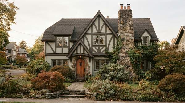 Editorial illustration for Steep Gables and False Timbers: How to Spot an American Tudor Revival Home