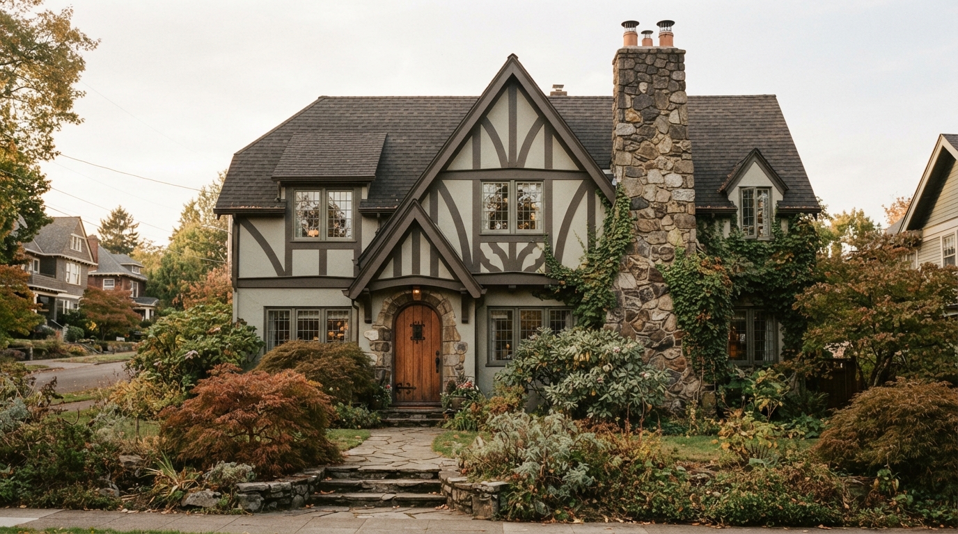 Editorial illustration for Steep Gables and False Timbers: How to Spot an American Tudor Revival Home