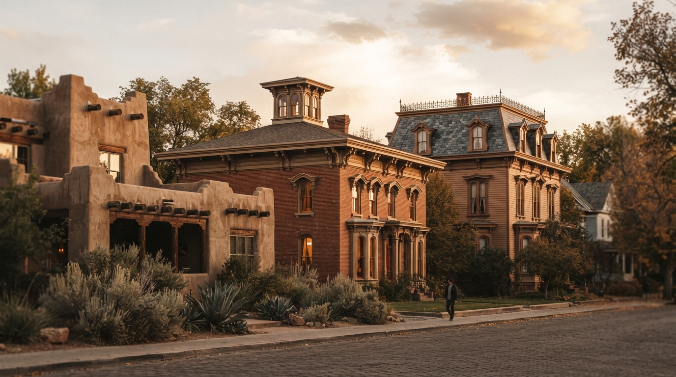 Editorial illustration for Three American Architectural Styles, Told by Their Rooflines: Pueblo Revival, Italianate, and Second Empire